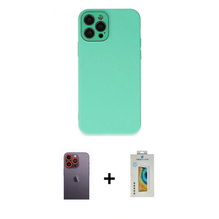 MARSİLYAN™- iPhone 12 Pro Max Kılıf Çekirdek Modern Serisi - Siyah Polymer Nano Ekran Koruyucu + Turuncu Neon Fosforlu Kamera Lens