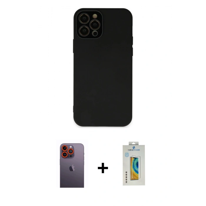 MARSİLYAN™- iPhone 12 Pro Max Kılıf Çekirdek Modern Serisi - Siyah Polymer Nano Ekran Koruyucu + Turuncu Neon Fosforlu Kamera Lens