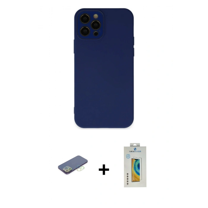 MARSİLYAN™- iPhone 12 Pro Max Kılıf Çekirdek Modern Serisi - Siyah Polymer Nano Ekran Koruyucu + Renkli Kamera Lens Koruma Cam - YL