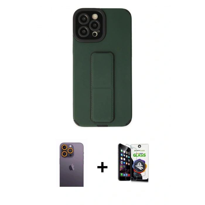 MARSİLYAN™- iPhone 12 Pro Max Kılıf Çekirdek Yansıma - Şeffaf Temperli Cam Ekran Koruyucu + Sarı Neon Fosforlu Kamera Lens