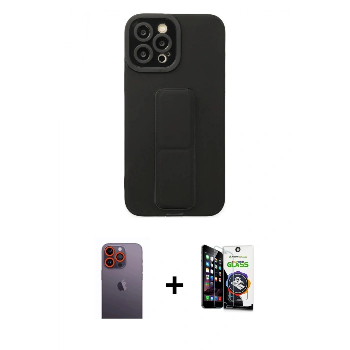 MARSİLYAN™- iPhone 12 Pro Max Kılıf Çekirdek Yansıma - Şeffaf Temperli Cam Ekran Koruyucu + Turuncu Neon Fosforlu Kamera Lens