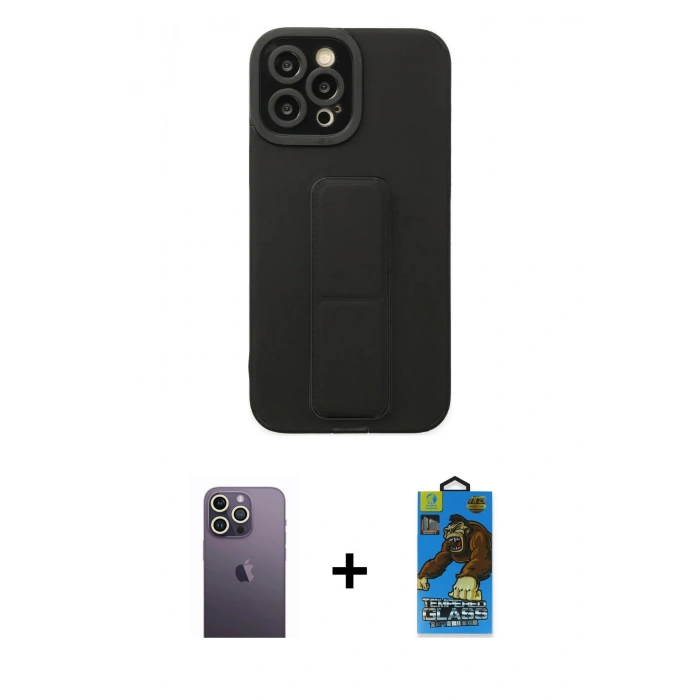 MARSİLYAN™- iPhone 12 Pro Max Kılıf Çekirdek Yansıma - Siyah 18D Cam Ekran Koruyucu + Neon Fosforlu Kamera Lens - BZ