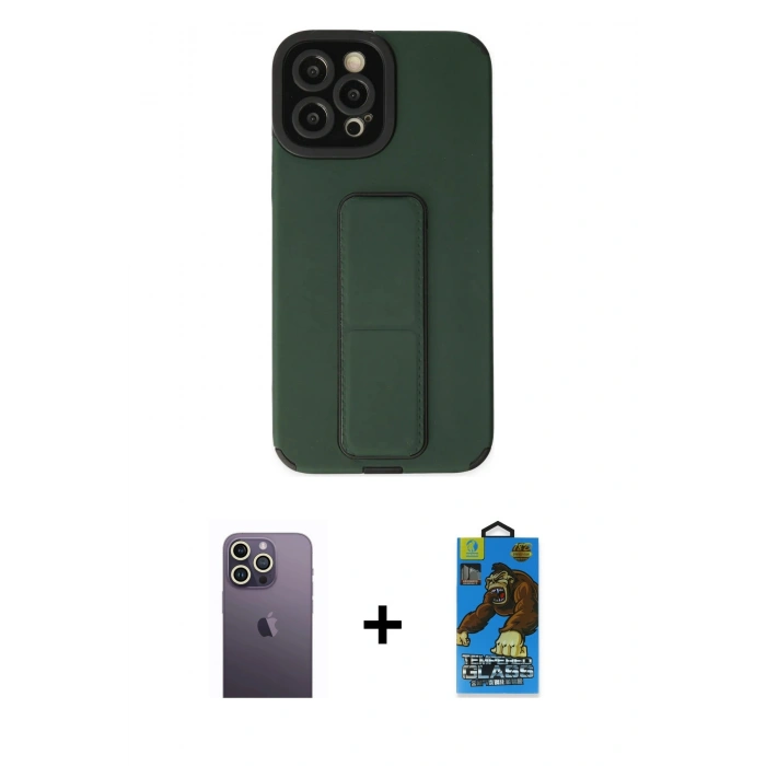 MARSİLYAN™- iPhone 12 Pro Max Kılıf Çekirdek Yansıma - Siyah 18D Cam Ekran Koruyucu + Neon Fosforlu Kamera Lens - BZ