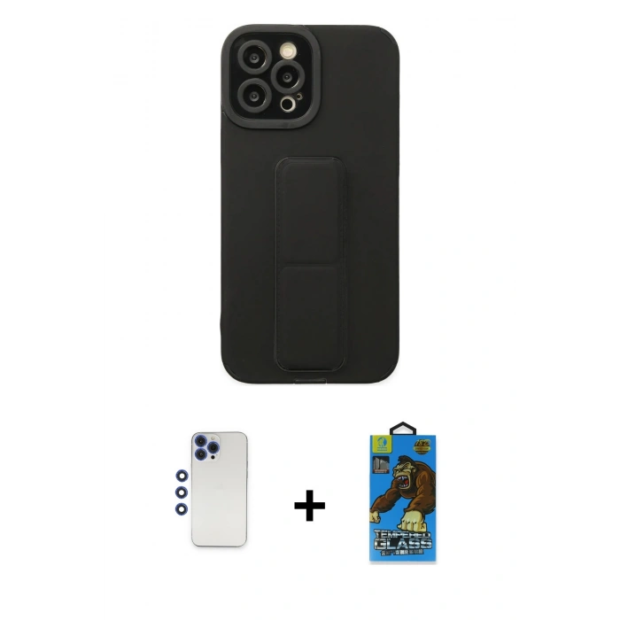 MARSİLYAN™- iPhone 12 Pro Max Kılıf Çekirdek Yansıma - Siyah 18D Cam Ekran Koruyucu + Shine Kamera Lens - LT