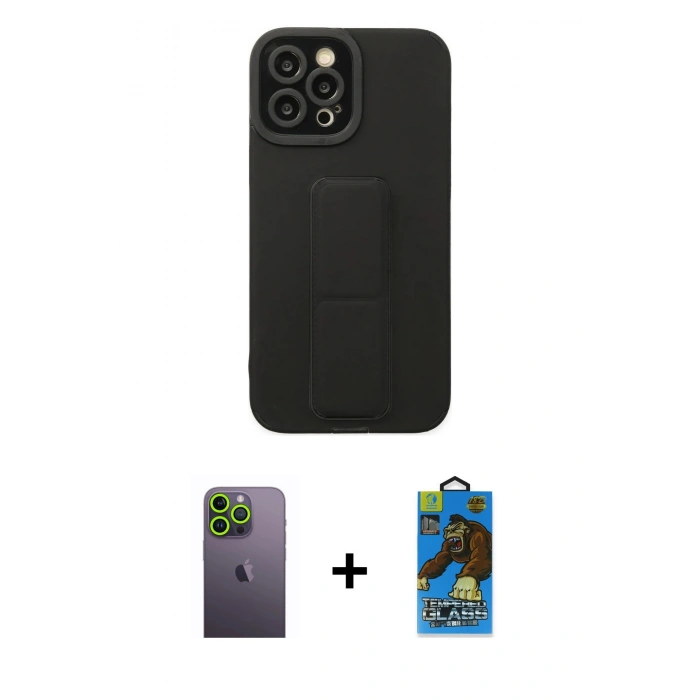 MARSİLYAN™- iPhone 12 Pro Max Kılıf Çekirdek Yansıma - Siyah 18D Cam Ekran Koruyucu + Neon Fosforlu Kamera Lens - YL