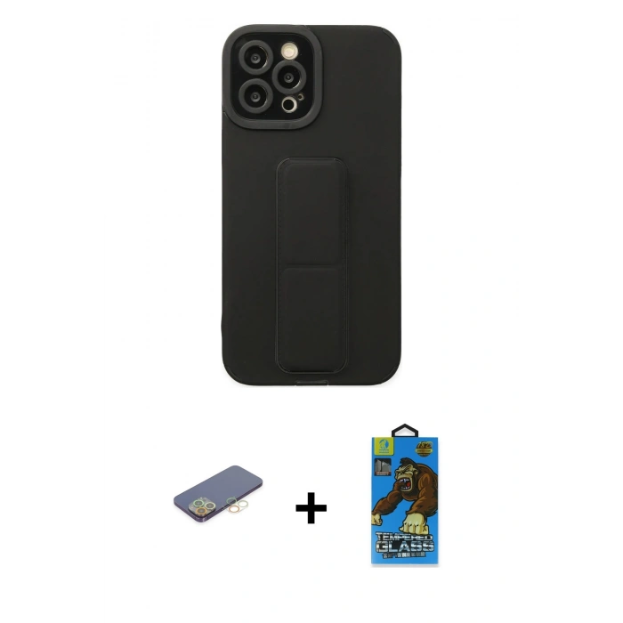 MARSİLYAN™- iPhone 12 Pro Max Kılıf Çekirdek Yansıma - Siyah 18D Cam Ekran Koruyucu + Renkli Kamera Lens Koruma Cam - SI