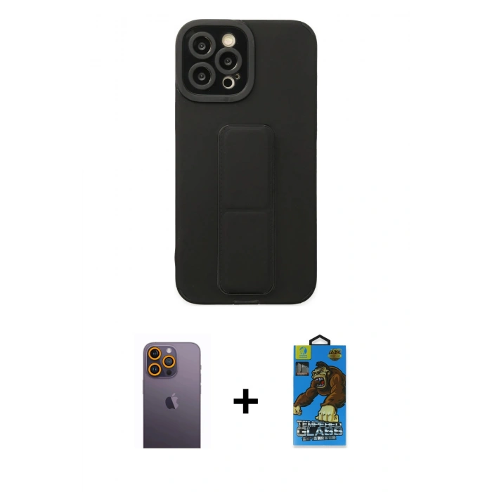 MARSİLYAN™- iPhone 12 Pro Max Kılıf Çekirdek Yansıma - Siyah 18D Cam Ekran Koruyucu + Neon Fosforlu Kamera Lens - SI