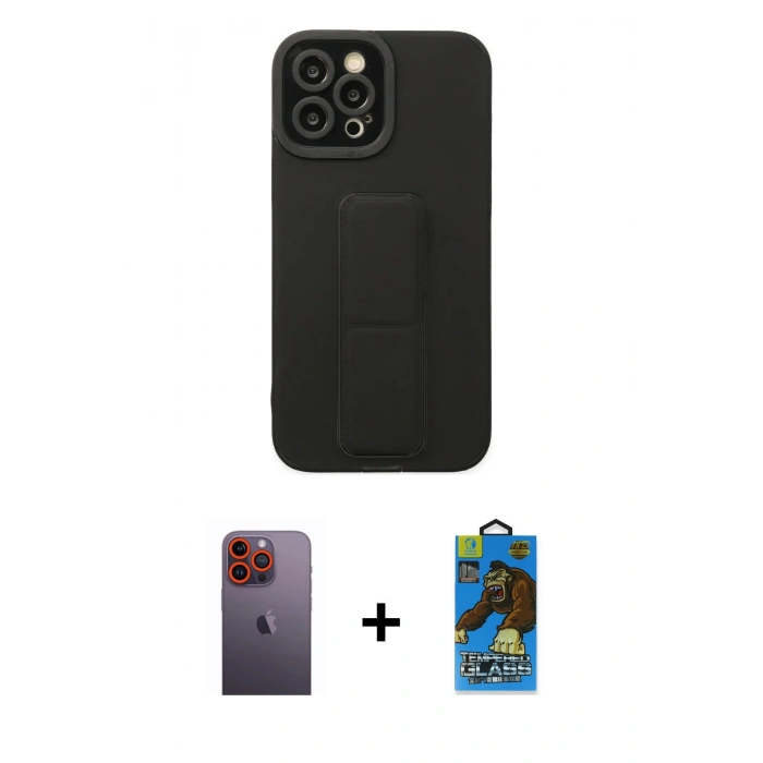 MARSİLYAN™- iPhone 12 Pro Max Kılıf Çekirdek Yansıma - Siyah 18D Cam Ekran Koruyucu + Neon Fosforlu Kamera Lens - TU