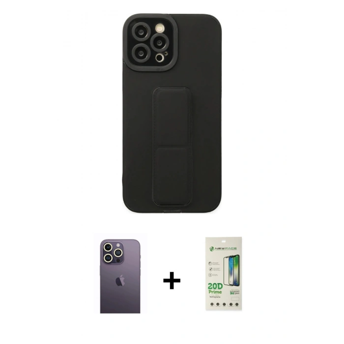 MARSİLYAN™- iPhone 12 Pro Max Kılıf Çekirdek Yansıma - Siyah 20D Premium Cam Ekran Koruyucu + Neon Fosforlu Kamera Lens - BZ