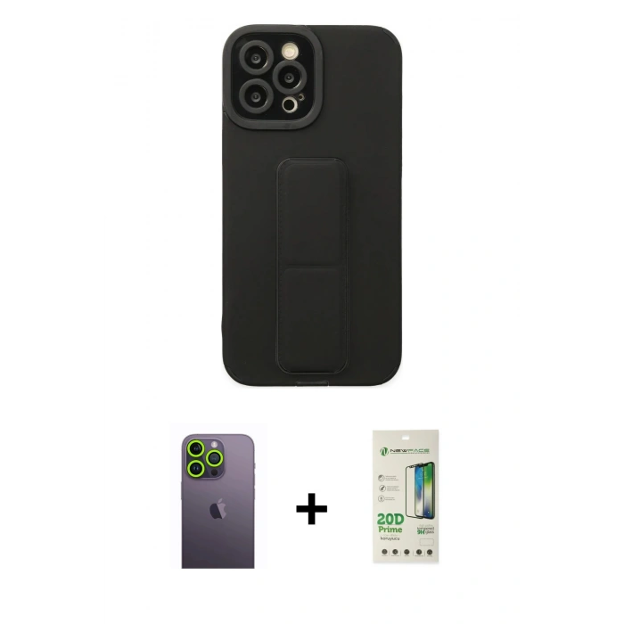 MARSİLYAN™- iPhone 12 Pro Max Kılıf Çekirdek Yansıma - Siyah 20D Premium Cam Ekran Koruyucu + Neon Fosforlu Kamera Lens - YL
