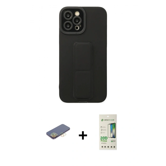 MARSİLYAN™- iPhone 12 Pro Max Kılıf Çekirdek Yansıma - Siyah 20D Premium Cam Ekran Koruyucu + Renkli Kamera Lens Koruma Cam - SI