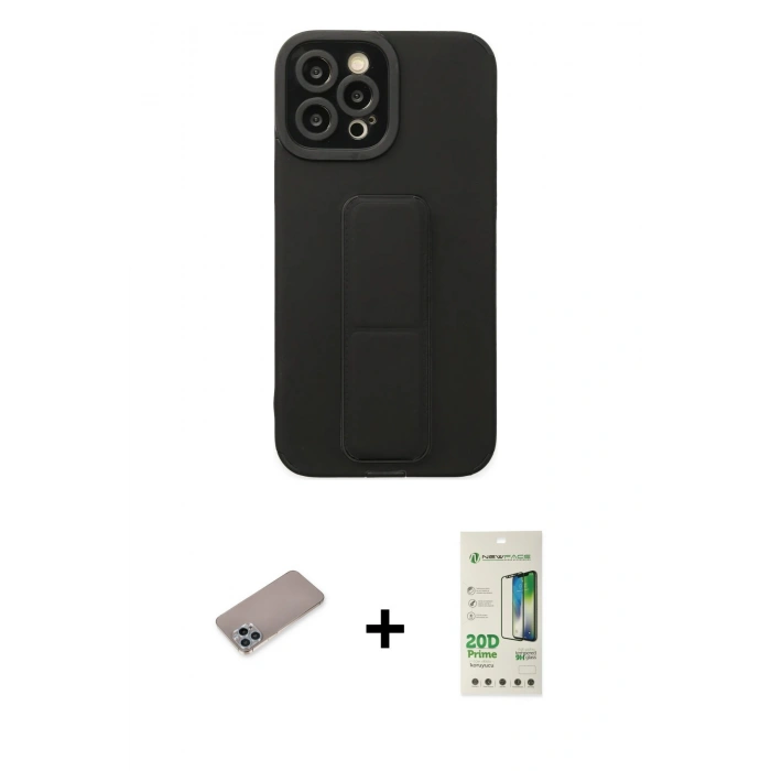 MARSİLYAN™- iPhone 12 Pro Max Kılıf Çekirdek Yansıma - Siyah 20D Premium Cam Ekran Koruyucu + Sierra Blue Shine Kamera Lens Koruma Cam