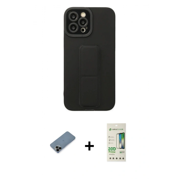 MARSİLYAN™- iPhone 12 Pro Max Kılıf Çekirdek Yansıma - Siyah 20D Premium Cam Ekran Koruyucu + Shine Kamera Lens Koruma Cam - SH