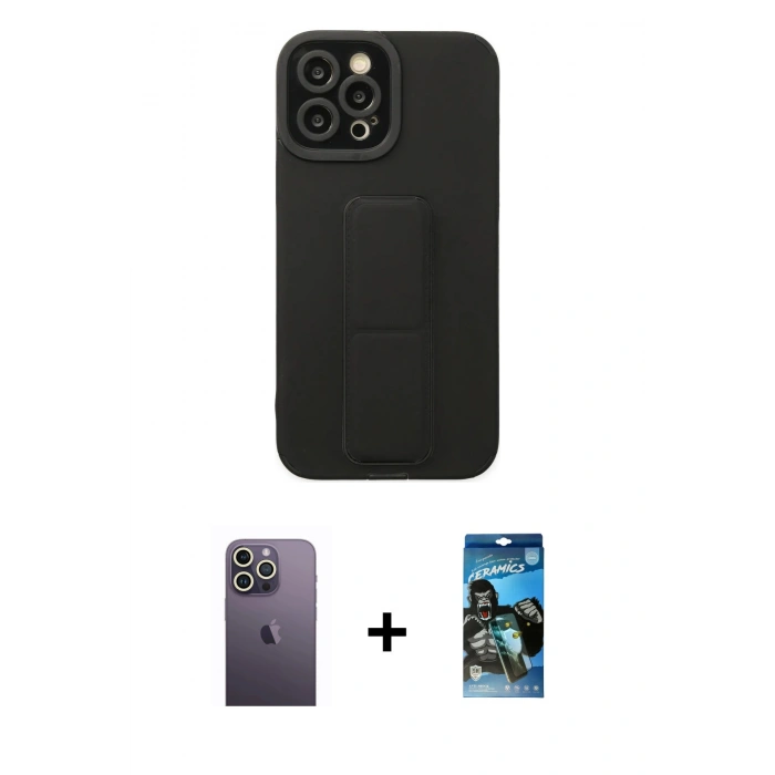 MARSİLYAN™- iPhone 12 Pro Max Kılıf Çekirdek Yansıma - Siyah 34D Izgaralı Cam + Neon Fosforlu Kamera Lens - BZ
