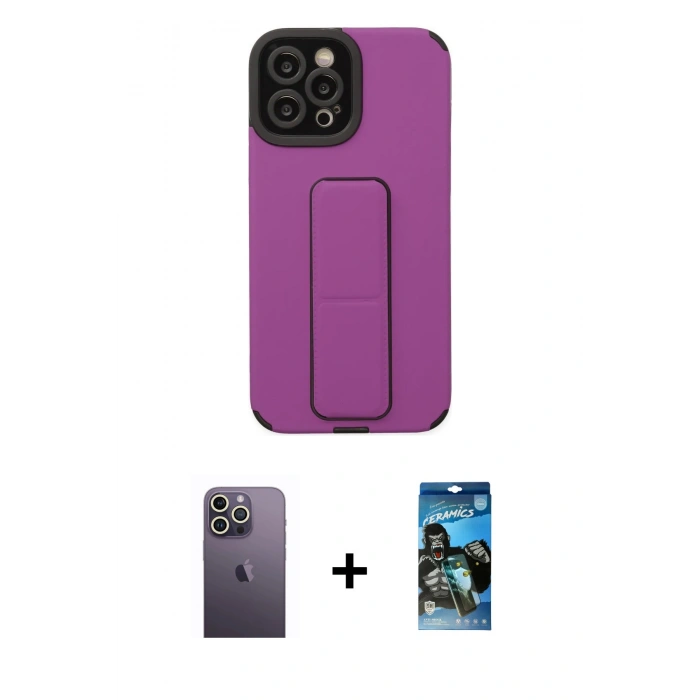 MARSİLYAN™- iPhone 12 Pro Max Kılıf Çekirdek Yansıma - Siyah 34D Izgaralı Cam + Neon Fosforlu Kamera Lens - BZ