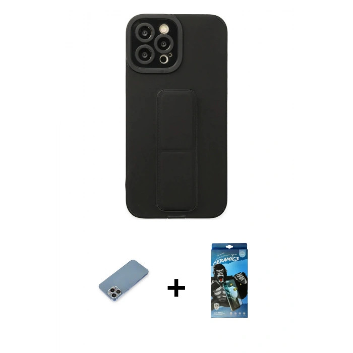 MARSİLYAN™- iPhone 12 Pro Max Kılıf Çekirdek Yansıma - Siyah 34D Izgaralı Cam + Gökkuşağı Shine Kamera Lens Koruma Cam