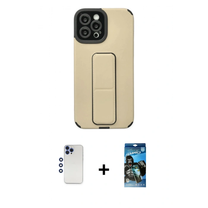 MARSİLYAN™- iPhone 12 Pro Max Kılıf Çekirdek Yansıma - Siyah 34D Izgaralı Cam + Shine Kamera Lens - LT