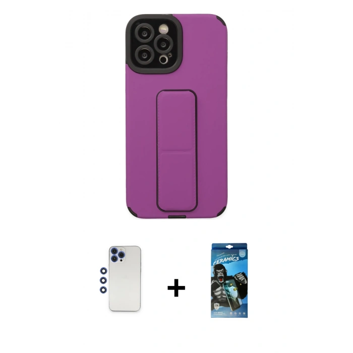 MARSİLYAN™- iPhone 12 Pro Max Kılıf Çekirdek Yansıma - Siyah 34D Izgaralı Cam + Shine Kamera Lens - LT