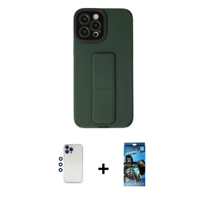 MARSİLYAN™- iPhone 12 Pro Max Kılıf Çekirdek Yansıma - Siyah 34D Izgaralı Cam + Shine Kamera Lens - LT