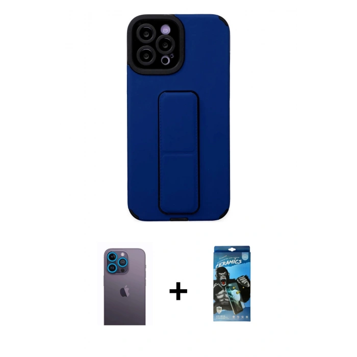 MARSİLYAN™- iPhone 12 Pro Max Kılıf Çekirdek Yansıma - Siyah 34D Izgaralı Cam + Mavi Neon Fosforlu Kamera Lens