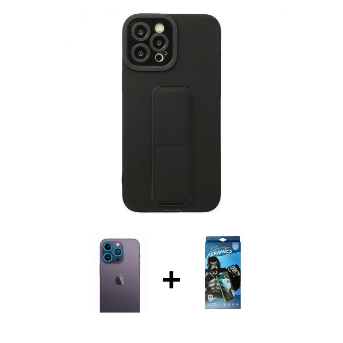 MARSİLYAN™- iPhone 12 Pro Max Kılıf Çekirdek Yansıma - Siyah 34D Izgaralı Cam + Mavi Neon Fosforlu Kamera Lens