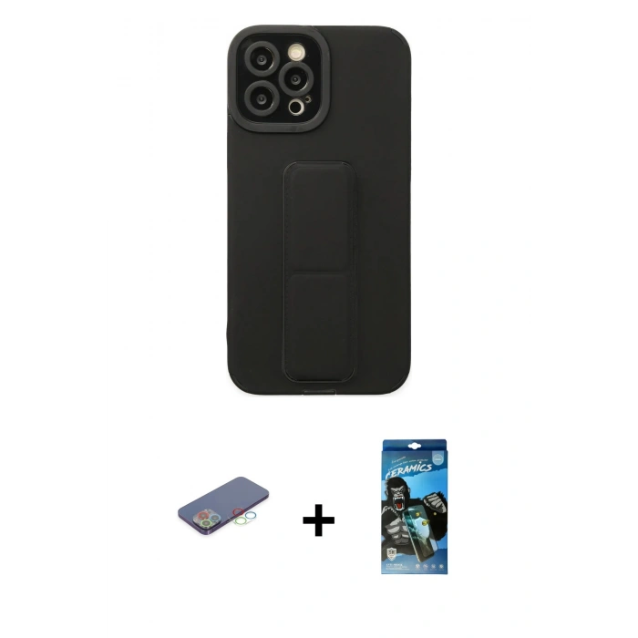 MARSİLYAN™- iPhone 12 Pro Max Kılıf Çekirdek Yansıma - Siyah 34D Izgaralı Cam + Mavi Renkli Kamera Lens Koruma Cam
