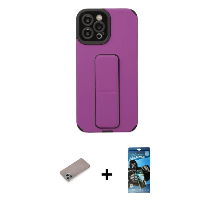 MARSİLYAN™- iPhone 12 Pro Max Kılıf Çekirdek Yansıma - Siyah 34D Izgaralı Cam + Shine Kamera Lens Koruma Cam - SABE