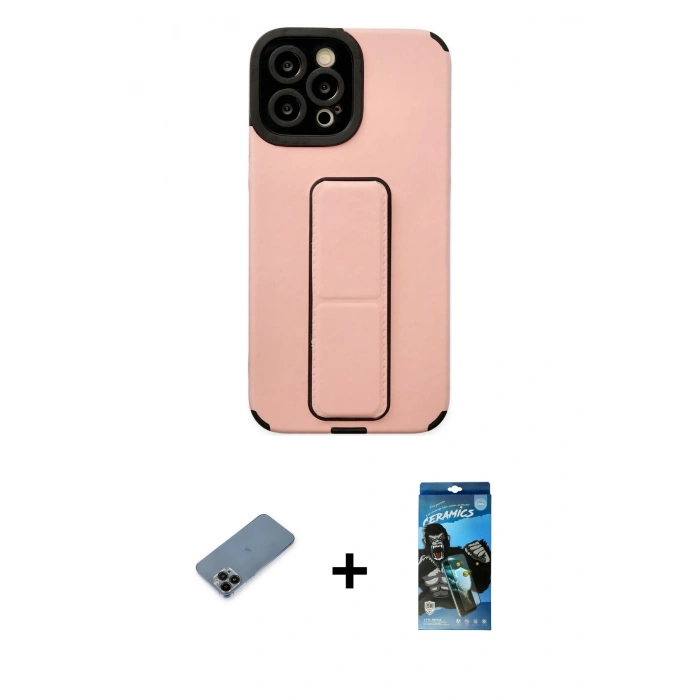 MARSİLYAN™- iPhone 12 Pro Max Kılıf Çekirdek Yansıma - Siyah 34D Izgaralı Cam + Shine Kamera Lens Koruma Cam - SH