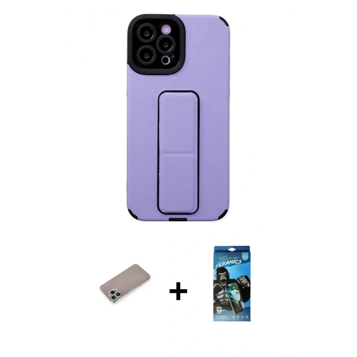MARSİLYAN™- iPhone 12 Pro Max Kılıf Çekirdek Yansıma - Siyah 34D Izgaralı Cam + Shine Kamera Lens Koruma Cam - SABE