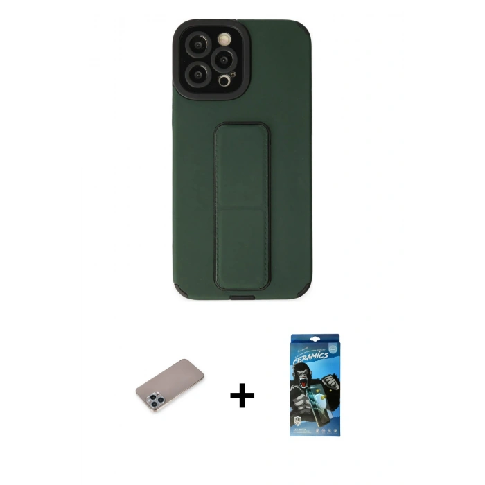 MARSİLYAN™- iPhone 12 Pro Max Kılıf Çekirdek Yansıma - Siyah 34D Izgaralı Cam + Shine Kamera Lens Koruma Cam - SABE