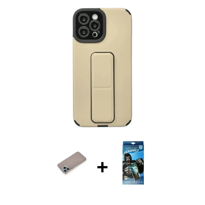 MARSİLYAN™- iPhone 12 Pro Max Kılıf Çekirdek Yansıma - Siyah 34D Izgaralı Cam + Shine Kamera Lens Koruma Cam - SABE