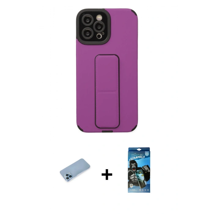 MARSİLYAN™- iPhone 12 Pro Max Kılıf Çekirdek Yansıma - Siyah 34D Izgaralı Cam + Shine Kamera Lens Koruma Cam - MI