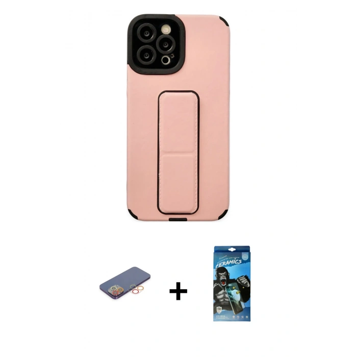 MARSİLYAN™- iPhone 12 Pro Max Kılıf Çekirdek Yansıma - Siyah 34D Izgaralı Cam + Renkli Kamera Lens Koruma Cam - TU