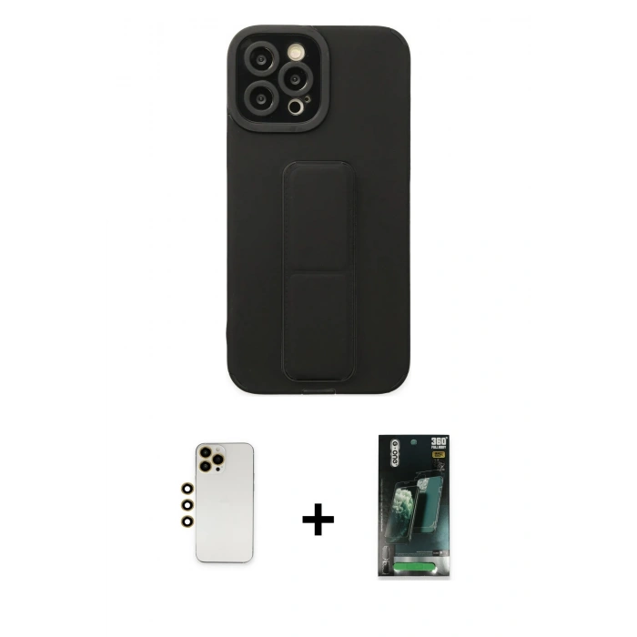 MARSİLYAN™- iPhone 12 Pro Max Kılıf Çekirdek Yansıma - Siyah 360 Mat Full Body Arka Koruyucu + Gold Shine Kamera Lens