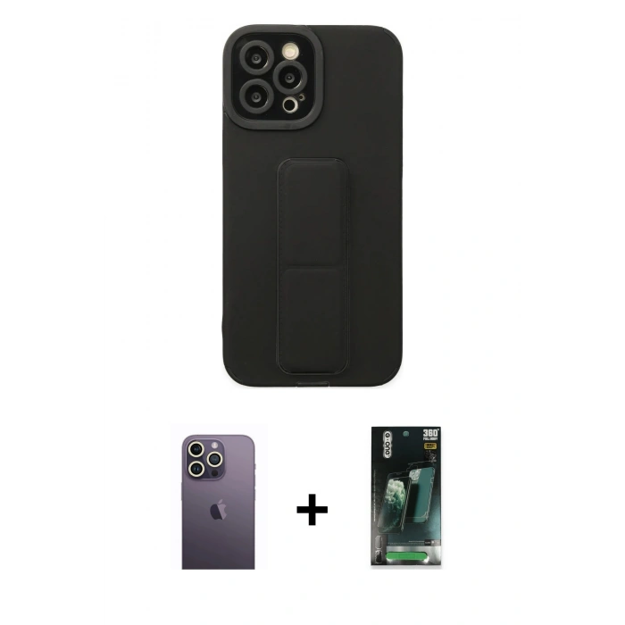 MARSİLYAN™- iPhone 12 Pro Max Kılıf Çekirdek Yansıma - Siyah 360 Mat Full Body Arka Koruyucu + Neon Fosforlu Kamera Lens - BZ