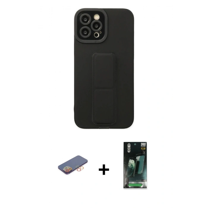 MARSİLYAN™- iPhone 12 Pro Max Kılıf Çekirdek Yansıma - Siyah 360 Mat Full Body Arka Koruyucu + Renkli Kamera Lens Koruma Cam - TU