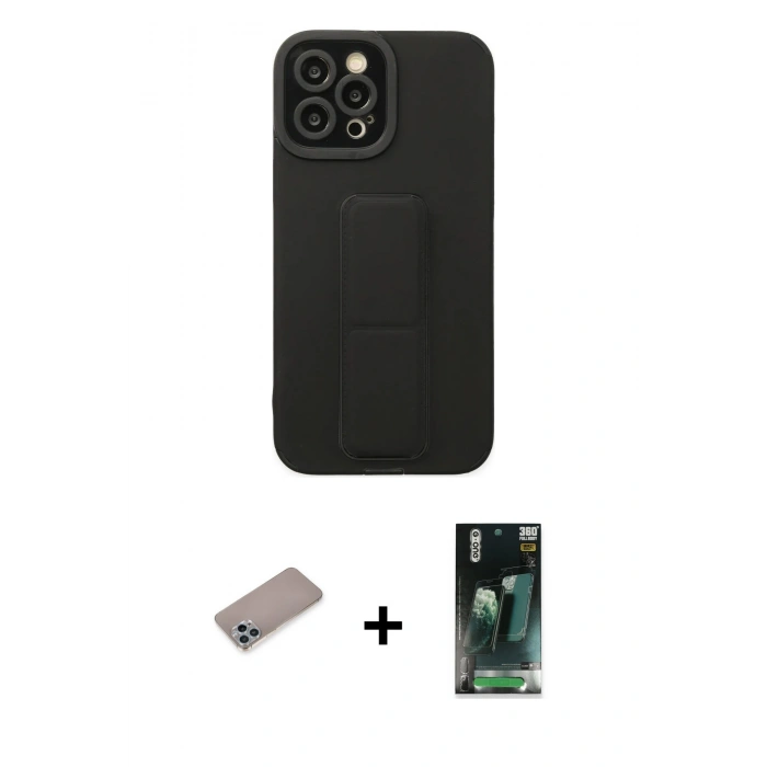 MARSİLYAN™- iPhone 12 Pro Max Kılıf Çekirdek Yansıma - Siyah 360 Mat Full Body Arka Koruyucu + Shine Kamera Lens Koruma Cam - SABE