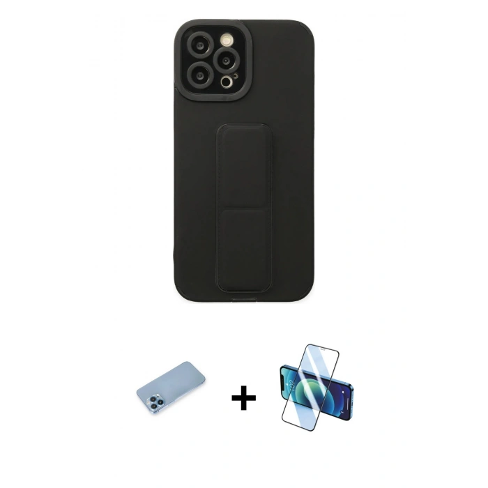 MARSİLYAN™- iPhone 12 Pro Max Kılıf Çekirdek Yansıma - Siyah 3D Antistatik Cam Ekran Koruyucu + Mavi Shine Kamera Lens Koruma Cam