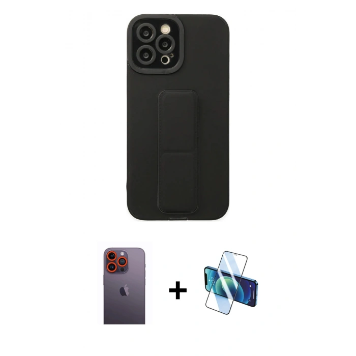 MARSİLYAN™- iPhone 12 Pro Max Kılıf Çekirdek Yansıma - Siyah 3D Antistatik Cam Ekran Koruyucu + Neon Fosforlu Kamera Lens - TU