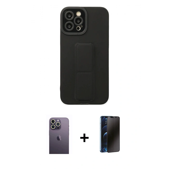MARSİLYAN™- iPhone 12 Pro Max Kılıf Çekirdek Yansıma - Siyah 3D Antistatik Hayalet Cam Ekran Koruyucu + Neon Fosforlu Kamera Lens - BZ