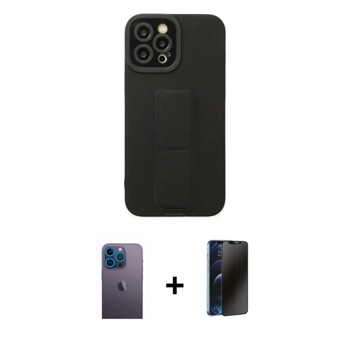 MARSİLYAN™- iPhone 12 Pro Max Kılıf Çekirdek Yansıma - Siyah 3D Antistatik Hayalet Cam Ekran Koruyucu + Neon Fosforlu Kamera Lens - MI