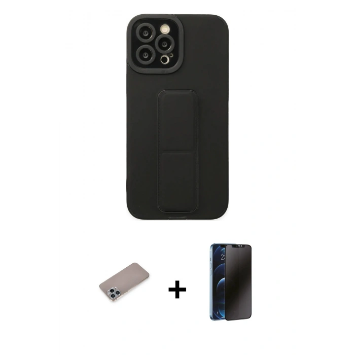 MARSİLYAN™- iPhone 12 Pro Max Kılıf Çekirdek Yansıma - Siyah 3D Antistatik Hayalet Cam Ekran Koruyucu + Shine Kamera Lens Koruma Cam - SABE