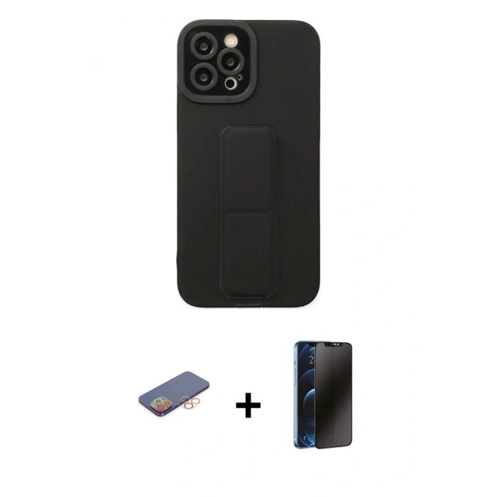 MARSİLYAN™- iPhone 12 Pro Max Kılıf Çekirdek Yansıma - Siyah 3D Antistatik Hayalet Cam Ekran Koruyucu + Turuncu Renkli Kamera Lens Koruma Cam
