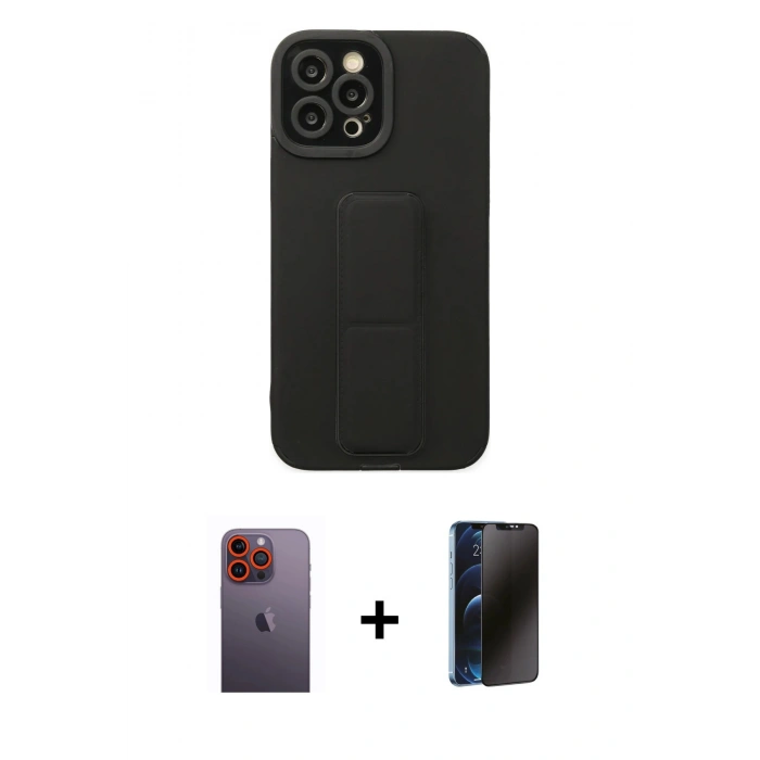 MARSİLYAN™- iPhone 12 Pro Max Kılıf Çekirdek Yansıma - Siyah 3D Antistatik Hayalet Cam Ekran Koruyucu + Neon Fosforlu Kamera Lens - TU