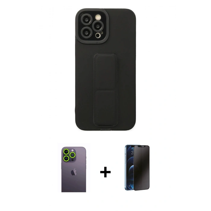 MARSİLYAN™- iPhone 12 Pro Max Kılıf Çekirdek Yansıma - Siyah 3D Antistatik Hayalet Cam Ekran Koruyucu + Neon Fosforlu Kamera Lens - YL