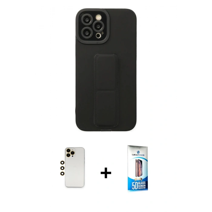 MARSİLYAN™- iPhone 12 Pro Max Kılıf Çekirdek Yansıma - Siyah 5D Eko Cam Ekran Koruyucu + Shine Kamera Lens - GD