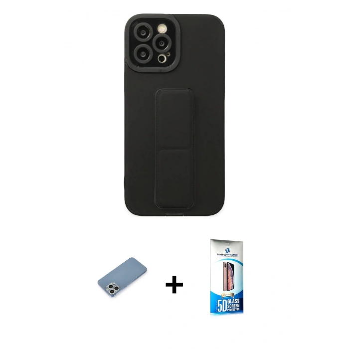 MARSİLYAN™- iPhone 12 Pro Max Kılıf Çekirdek Yansıma - Siyah 5D Eko Cam Ekran Koruyucu + Shine Kamera Lens Koruma Cam - GS