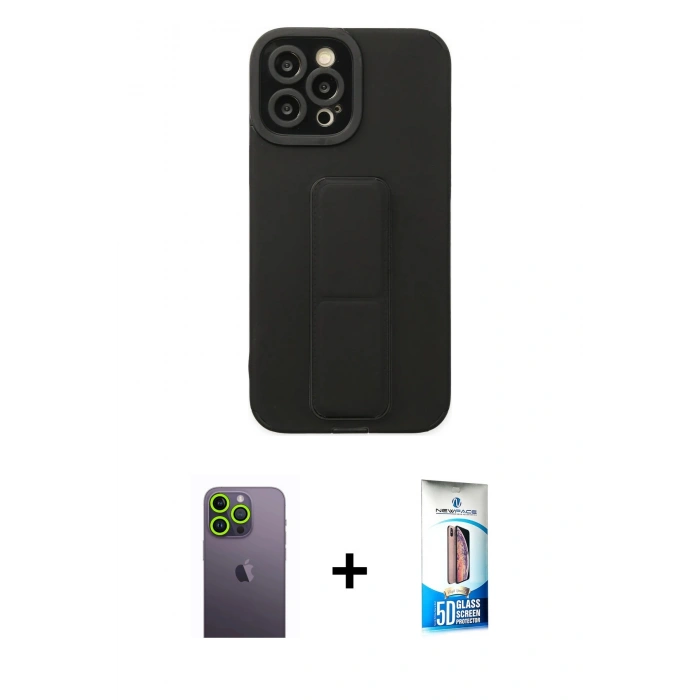 MARSİLYAN™- iPhone 12 Pro Max Kılıf Çekirdek Yansıma - Siyah 5D Eko Cam Ekran Koruyucu + Neon Fosforlu Kamera Lens - YL