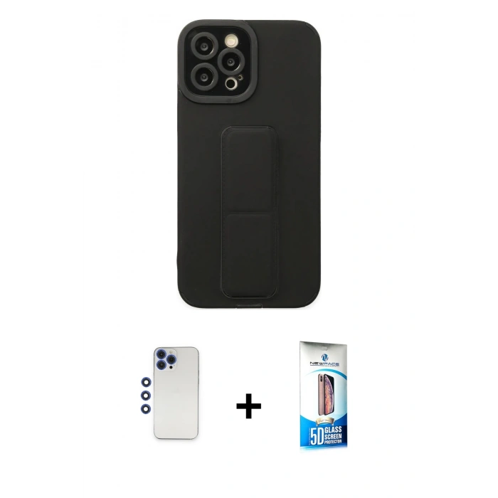 MARSİLYAN™- iPhone 12 Pro Max Kılıf Çekirdek Yansıma - Siyah 5D Eko Cam Ekran Koruyucu + Shine Kamera Lens - LT