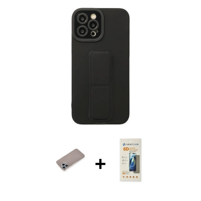 MARSİLYAN™- iPhone 12 Pro Max Kılıf Çekirdek Yansıma - Siyah 6D Mat Seramik Hayalet Nano Ekran Koruyucu + Sierra Blue Shine Kamera Lens Koruma Cam